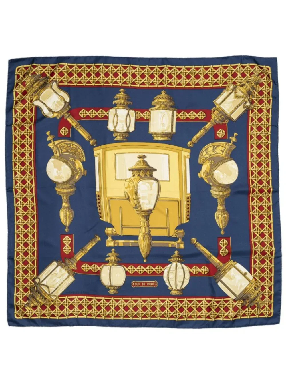 Hermes Scarf Navy Red 100% Gold Twill Silk